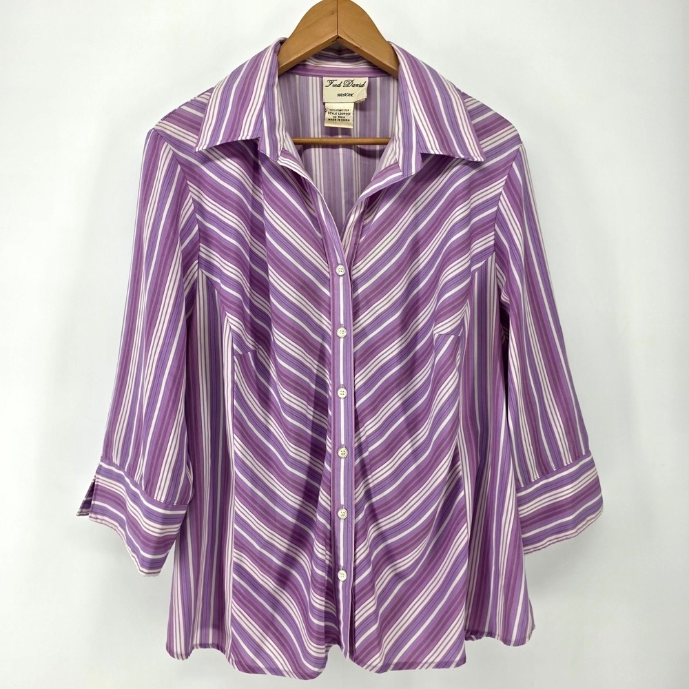 Fred David Blouse Woman 1X Purple Striped 3/4 Sleeve Button Up Office L2U041W